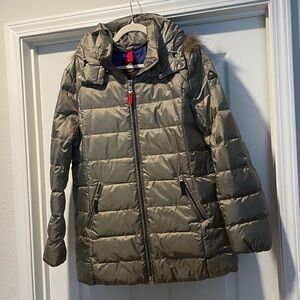 Bogner Down Pewter Bronze/Silver Puffer Coat Raccoon Fur Trim Large